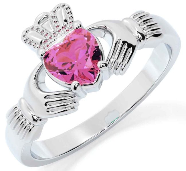 Pink Tourmaline White Gold Claddagh Ring