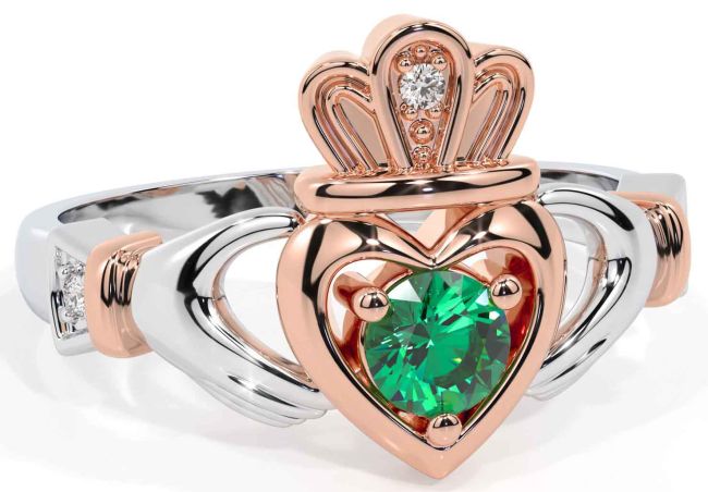 Emerald Rose Gold Silver Claddagh Ring