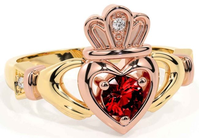 Garnet Rose Yellow Gold & Silver Claddagh Ring