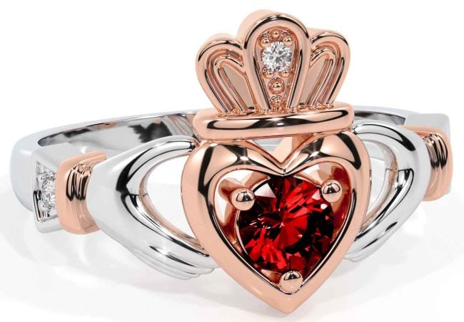 Garnet Rose Gold Silver Claddagh Ring