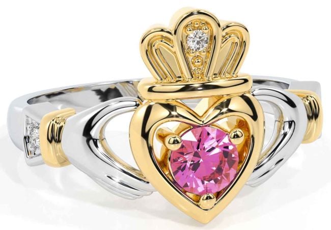 Pink Tourmaline White Yellow Gold Claddagh Ring