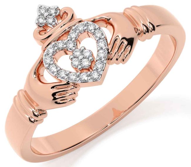 Diamond Rose Gold Silver Claddagh Ring