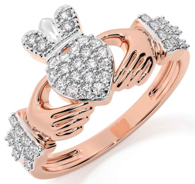 Diamond Rose Gold Silver Claddagh Ring