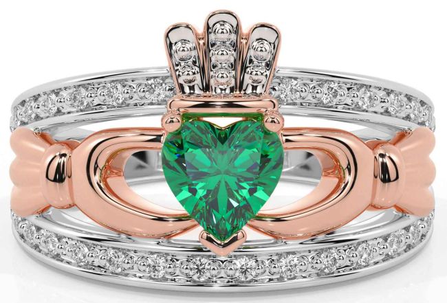 Diamond Emerald Rose Gold Silver Claddagh Ring