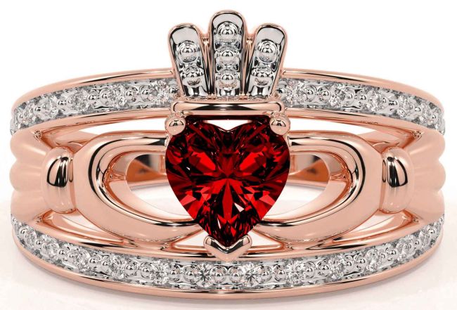 Diamond Garnet Rose Gold Silver Claddagh Ring
