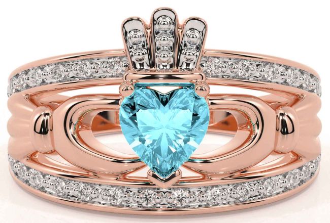 Diamond Aquamarine Rose Gold Claddagh Ring