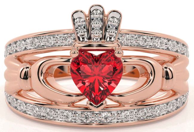Diamond Ruby Rose Gold Claddagh Ring