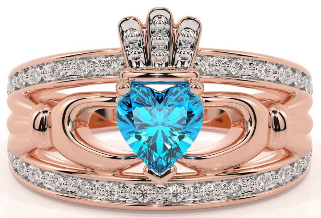 Diamond Topaz Rose Gold Claddagh Ring