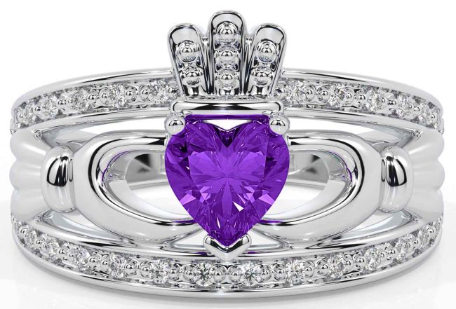 Diamond Amethyst Silver Claddagh Ring