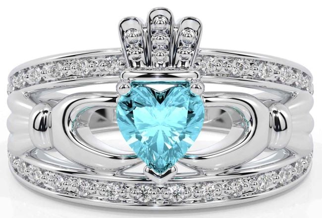 Diamond Aquamarine Silver Claddagh Ring