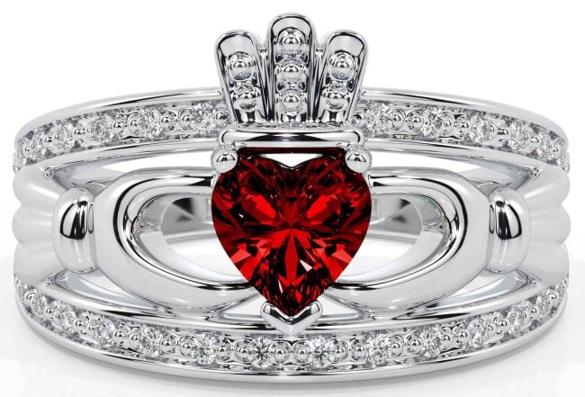 Diamond Garnet Silver Claddagh Ring