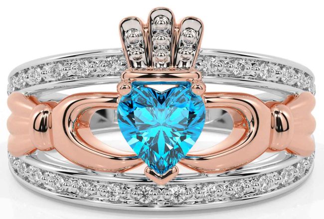 Diamond Topaz Rose Gold Silver Claddagh Ring
