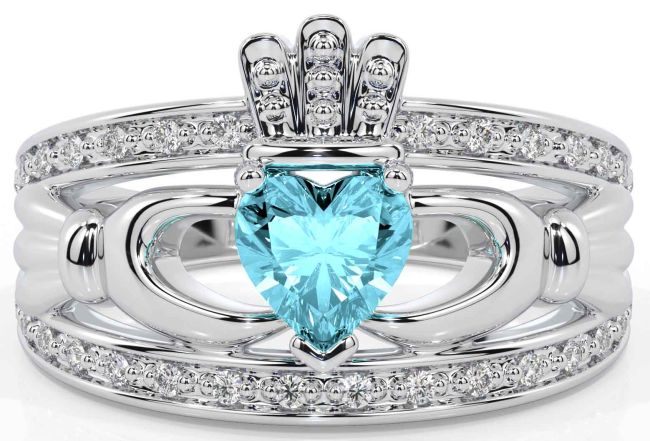 Diamond Aquamarine White Gold Claddagh Ring