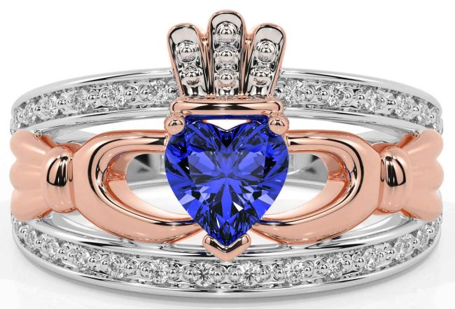 Diamond Sapphire White Rose Gold Claddagh Ring