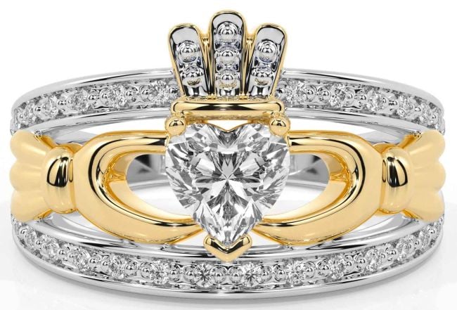 Diamond White Yellow Gold Claddagh Ring