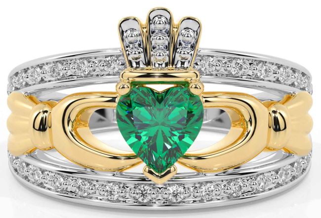 Diamond Emerald White Yellow Gold Claddagh Ring