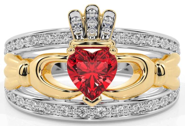 Diamond Ruby White Yellow Gold Claddagh Ring