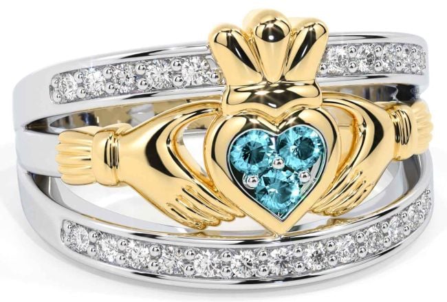 Diamond Aquamarine Gold Silver Claddagh Ring