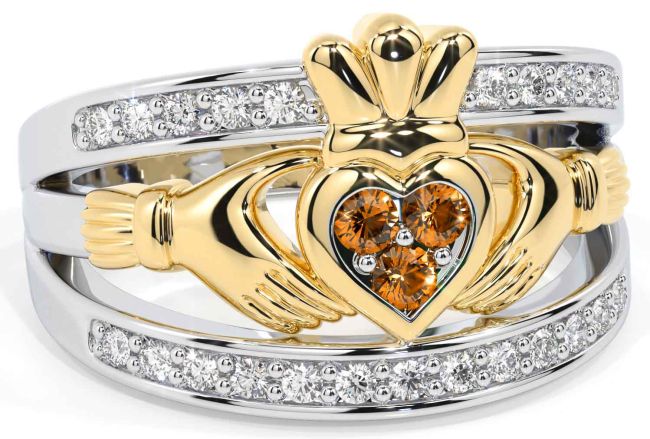 Diamond Citrine Gold Silver Claddagh Ring