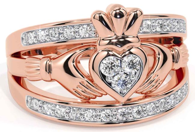 Diamond Rose Gold Silver Claddagh Ring