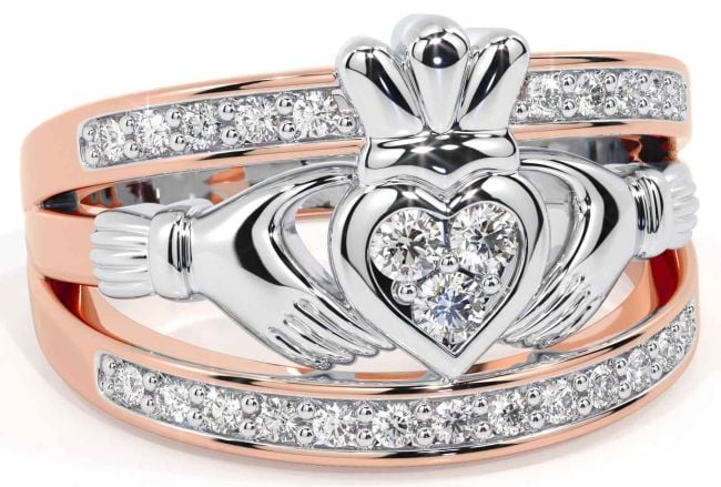 Diamond Rose Gold Silver Claddagh Ring