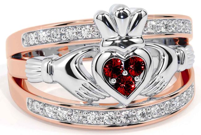 Diamond Garnet Rose Gold Silver Claddagh Ring