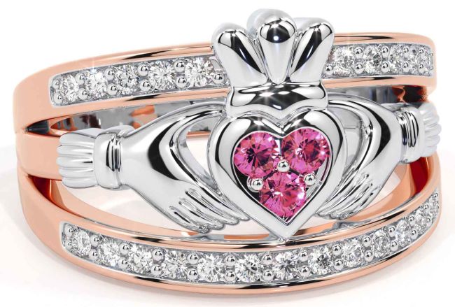 Diamond Pink Tourmaline Rose Gold Silver Claddagh Ring