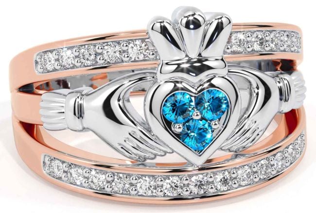 Diamond Topaz Rose Gold Silver Claddagh Ring