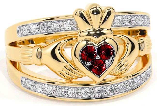 Diamond Garnet Gold Silver Claddagh Ring