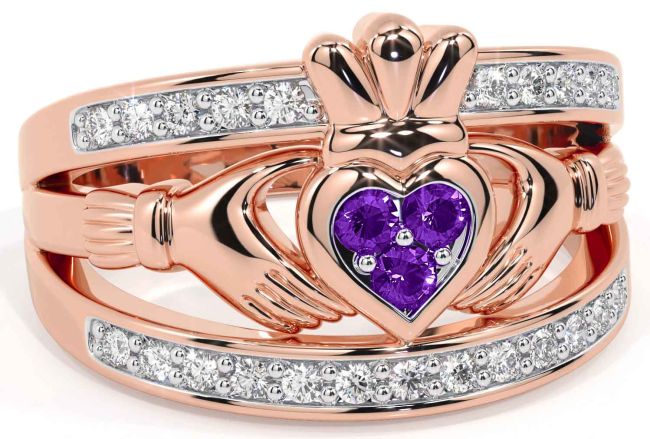 Diamond Amethyst Rose Gold Claddagh Ring