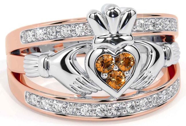 Diamond Citrine White Rose Gold Claddagh Ring