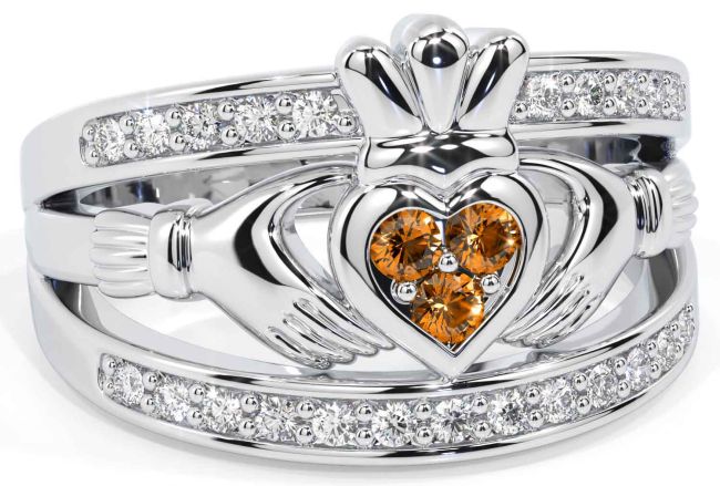 Diamond Citrine Silver Claddagh Ring