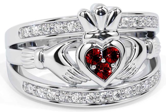 Diamond Garnet Silver Claddagh Ring