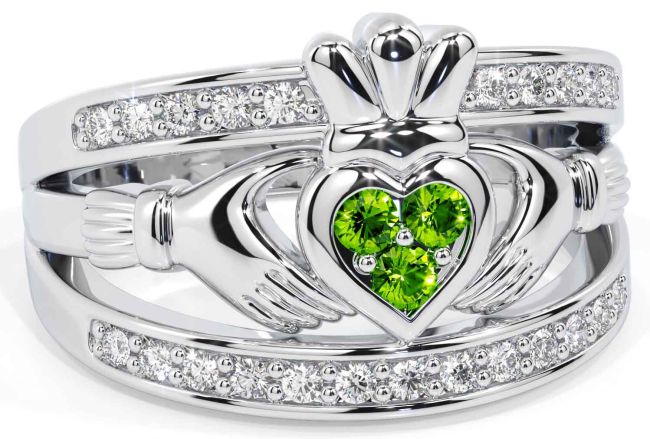 Diamond Peridot Silver Claddagh Ring