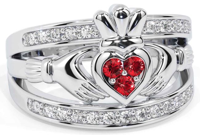 Diamond Ruby Silver Claddagh Ring