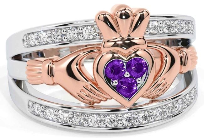 Diamond Amethyst Rose Gold Silver Claddagh Ring