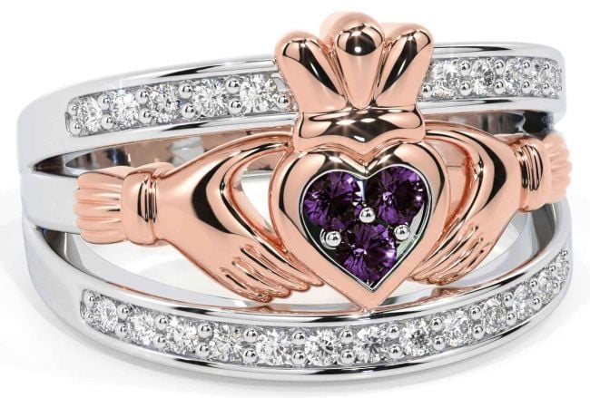 Diamond Alexandrite Rose Gold Silver Claddagh Ring