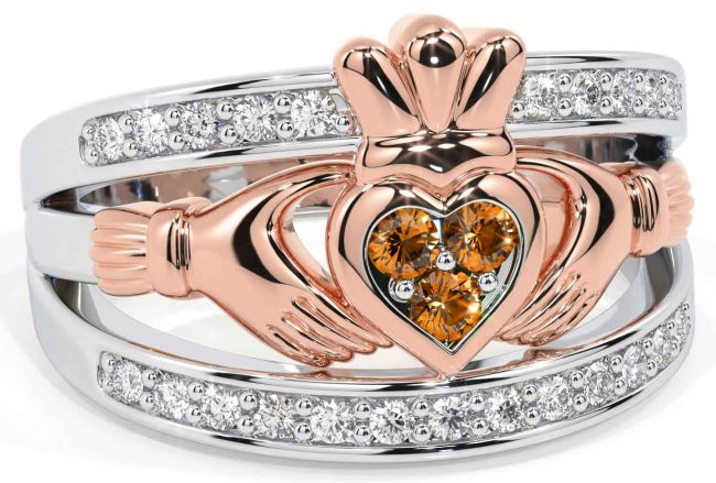 Diamond Citrine Rose Gold Silver Claddagh Ring