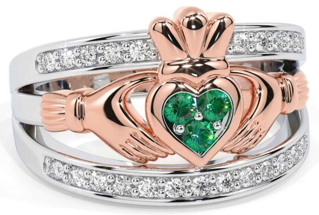 Diamond Emerald Rose Gold Silver Claddagh Ring