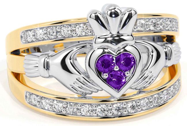 Diamond Amethyst Gold Silver Claddagh Ring