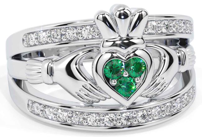 Diamond Emerald White Gold Claddagh Ring