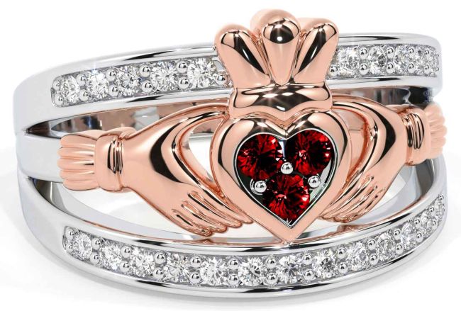 Diamond Garnet White Rose Gold Claddagh Ring