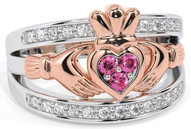 Diamond Pink Tourmaline White Rose Gold Claddagh Ring