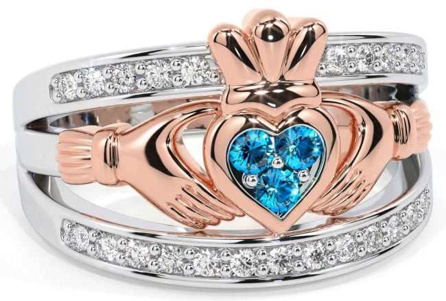 Diamond Topaz White Rose Gold Claddagh Ring