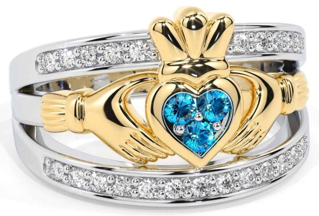 Diamond Topaz White Yellow Gold Claddagh Ring