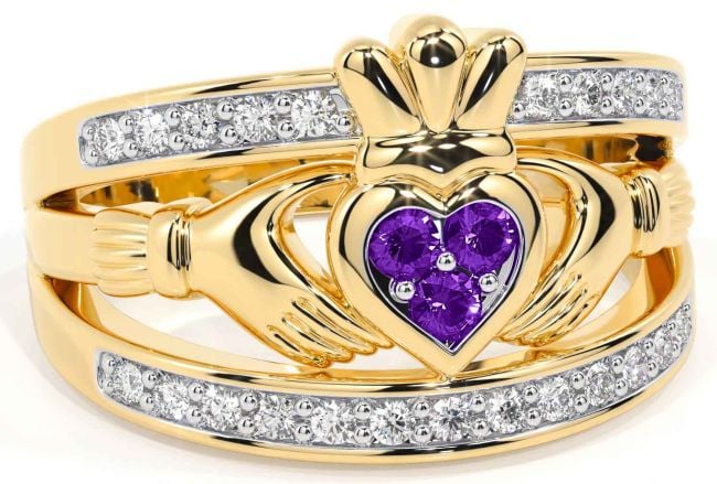 Diamond Amethyst Gold Claddagh Ring