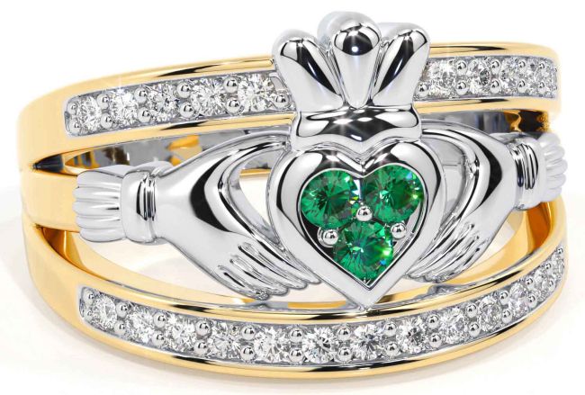 Diamond Emerald White Yellow Gold Claddagh Ring