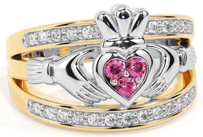 Diamond Pink Tourmaline White Yellow Gold Claddagh Ring