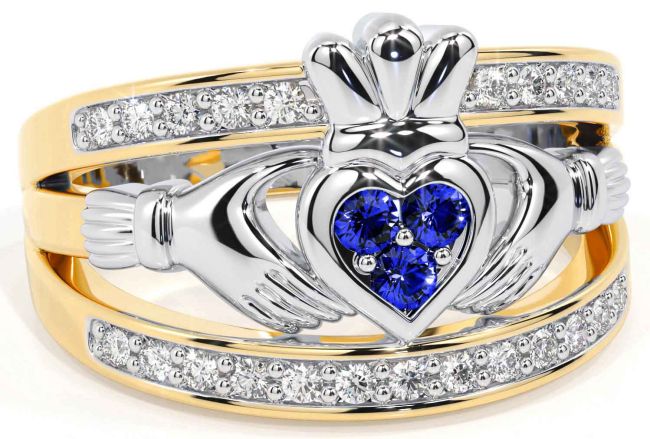 Diamond Sapphire White Yellow Gold Claddagh Ring