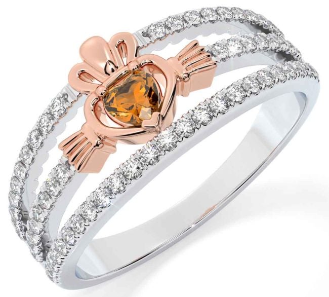 Diamond Citrine Rose Gold Silver Claddagh Ring